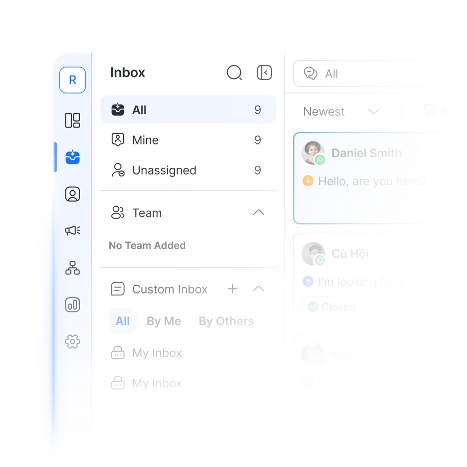 Vista oficial de la bandeja de Respond.io, con conversaciones organizadas por equipo y estado